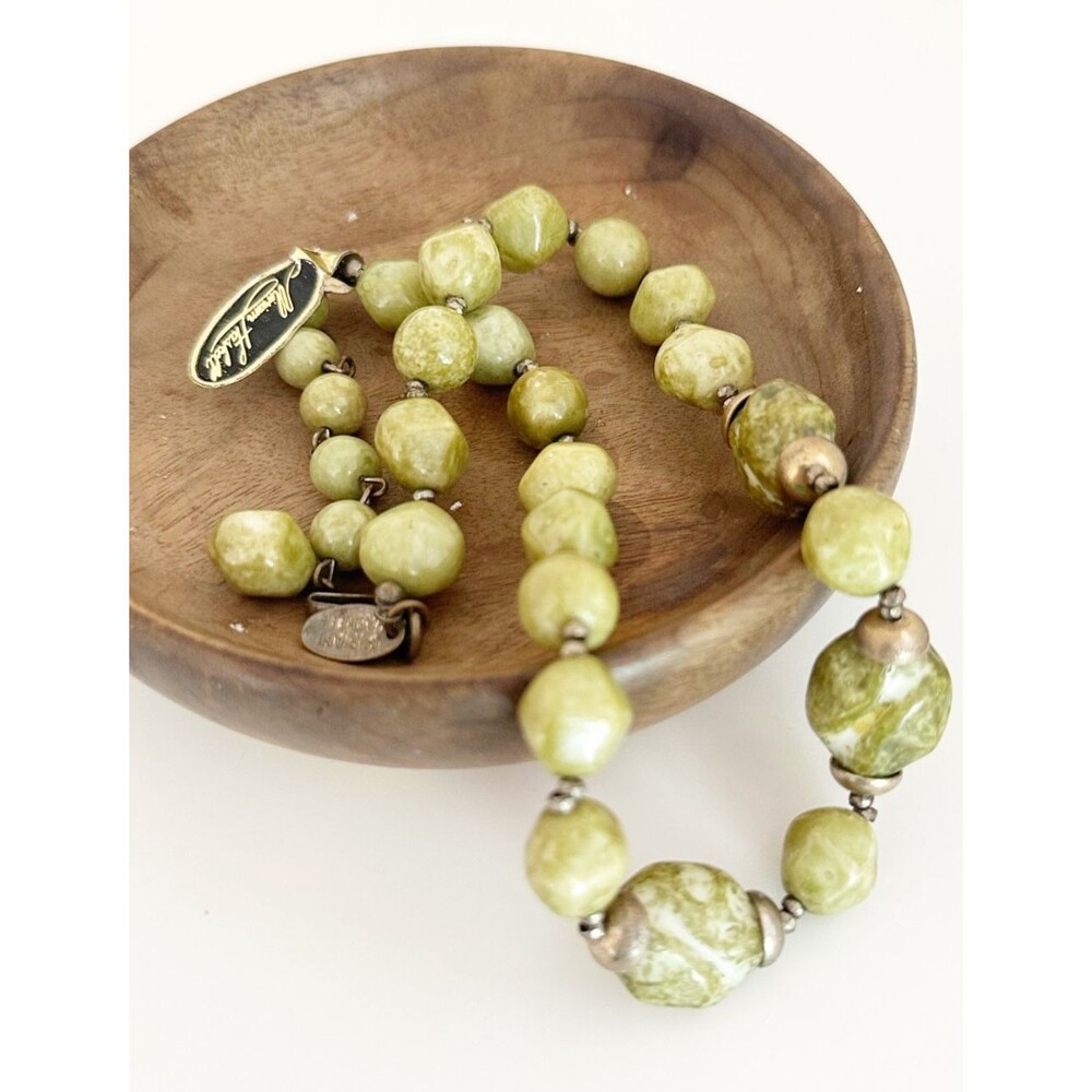 Vintage Signed Miriam Haskell Marbled Green Glass Nugget Bead Statement Necklace - Picture 3 of 9